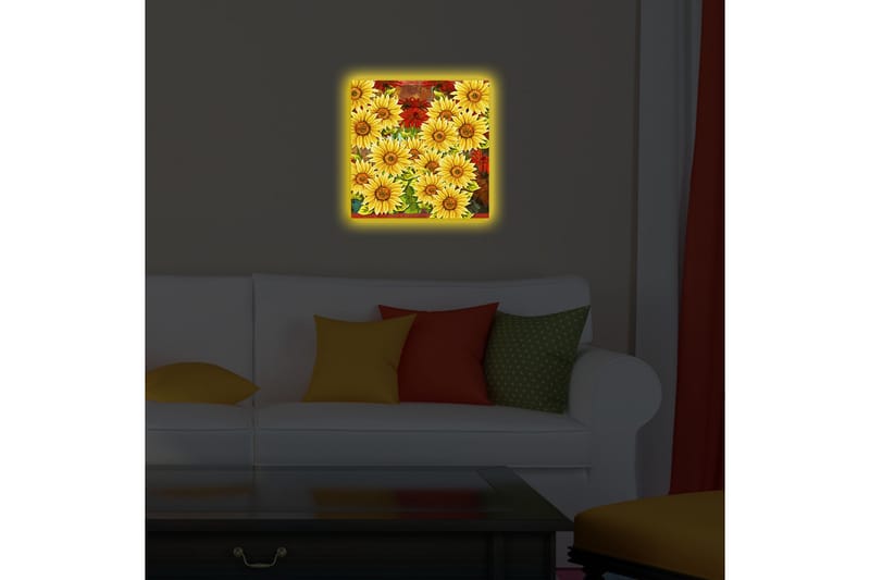 Lerretsbilde med LED-belysning 40x40 cm - Fargerik bukett med solsikker og røde blomster - Gul / Rød / Grønn - Interiør - Maleri & posters - Lerretsbilder