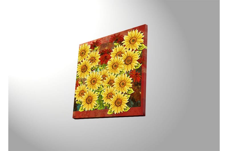 Lerretsbilde med LED-belysning 40x40 cm - Fargerik bukett med solsikker og røde blomster - Gul / Rød / Grønn - Interiør - Maleri & posters - Lerretsbilder