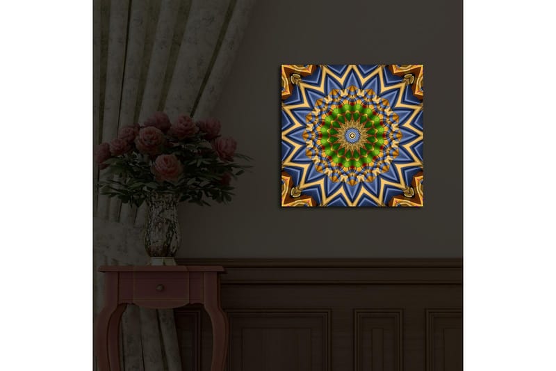 Lerretsbilde med LED-belysning 40x40 cm - Fargerik mandala med geometriske mønstre - Grønn / Blå / Gull - Interiør - Maleri & posters - Lerretsbilder