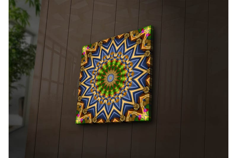 Lerretsbilde med LED-belysning 40x40 cm - Fargerik mandala med geometriske mønstre - Grønn / Blå / Gull - Interiør - Maleri & posters - Lerretsbilder