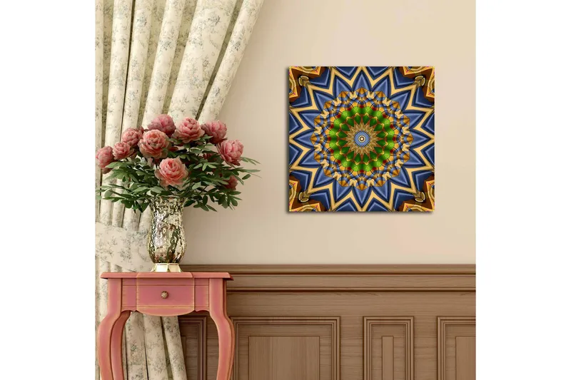 Lerretsbilde med LED-belysning 40x40 cm - Fargerik mandala med geometriske mønstre - Grønn / Blå / Gull - Interiør - Maleri & posters - Lerretsbilder