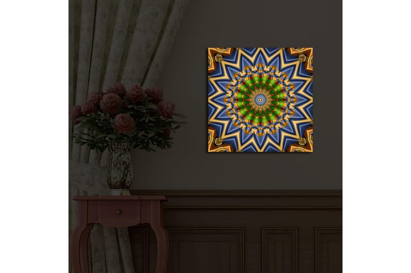 Lerretsbilde med LED-belysning 40x40 cm - Fargerik mandala med geometriske mønstre - Grønn / Blå / Gull - Interiør - Maleri & posters - Lerretsbilder