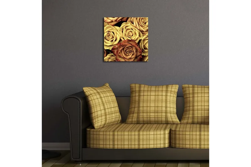 Lerretsbilde med LED-belysning 40x40 cm - Fargerik samling av roser i forskjellige nyanser - Gull / Brun / Rød - Interiør - Maleri & posters - Lerretsbilder