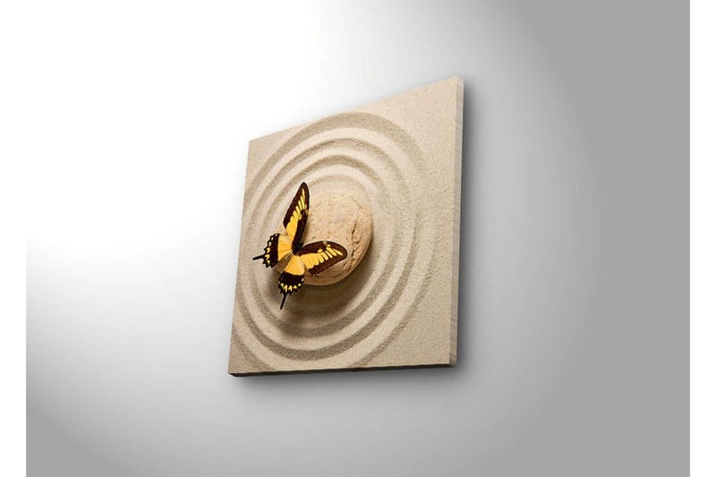 Lerretsbilde med LED-belysning 40x40 cm - Fargerik sommerfugl på en sandoverflate med sirkulære mønstre - Gul / Brun / Beige - Interiør - Maleri & posters - Lerretsbilder