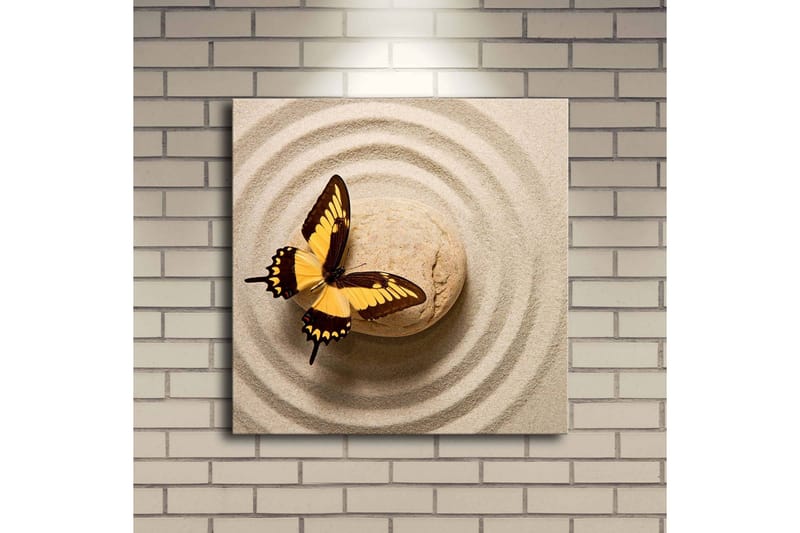 Lerretsbilde med LED-belysning 40x40 cm - Fargerik sommerfugl på en sandoverflate med sirkulære mønstre - Gul / Brun / Beige - Interiør - Maleri & posters - Lerretsbilder