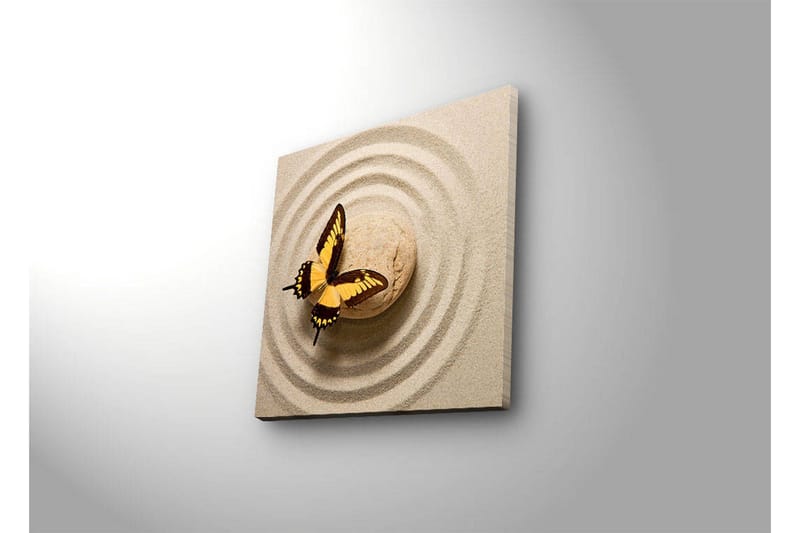 Lerretsbilde med LED-belysning 40x40 cm - Fargerik sommerfugl på en sandoverflate med sirkulære mønstre - Gul / Brun / Beige - Interiør - Maleri & posters - Lerretsbilder