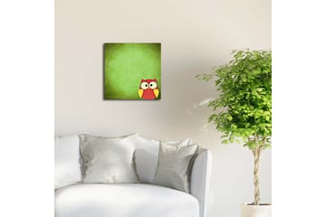 Lerretsbilde med LED-belysning 40x40 cm - Fargerik ugle på grønn bakgrunn - Grønn / Rød / Gul - Interiør - Maleri & posters - Lerretsbilder