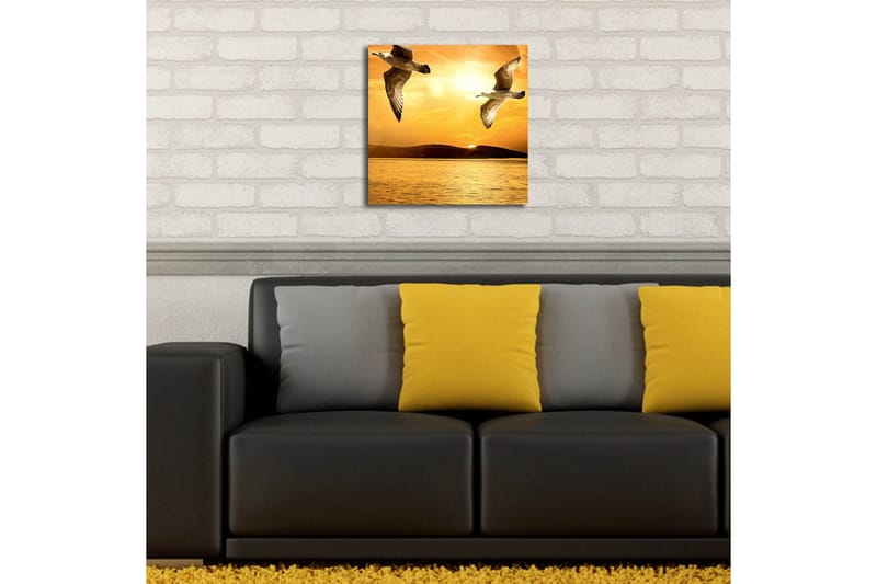 Lerretsbilde med LED-belysning 40x40 cm - Fugler som flyr over en solnedgang ved havet - Gull / Oransje / Svart - Interiør - Maleri & posters - Lerretsbilder