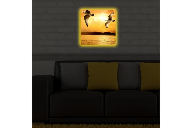 Lerretsbilde med LED-belysning 40x40 cm - Fugler som flyr over en solnedgang ved havet - Gull / Oransje / Svart - Interiør - Maleri & posters - Lerretsbilder