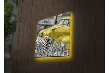 Lerretsbilde med LED-belysning 40x40 cm - Gammel bil i knallgult omgitt av grøntområder - Gul / Grå - Interiør - Maleri & posters - Lerretsbilder