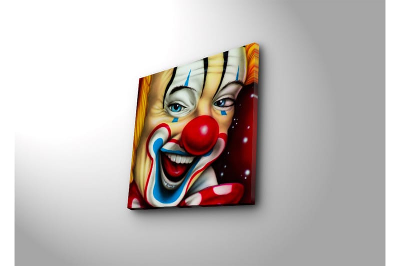 Lerretsbilde med LED-belysning 40x40 cm - Glad klovn med fargerik sminke og rød nese - Rød / Gul / Blå - Interiør - Maleri & posters - Lerretsbilder