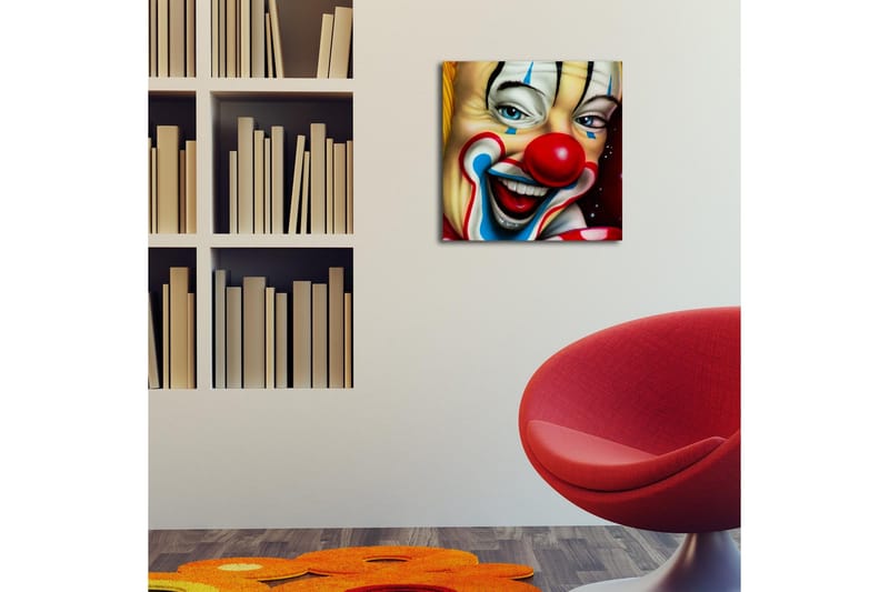 Lerretsbilde med LED-belysning 40x40 cm - Glad klovn med fargerik sminke og rød nese - Rød / Gul / Blå - Interiør - Maleri & posters - Lerretsbilder