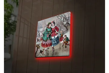 Lerretsbilde med LED-belysning 40x40 cm - Glade kvinner i vinterklær som går i et snødekt miljø - Grønn / Rød / Blå - Interiør - Maleri & posters - Lerretsbilder