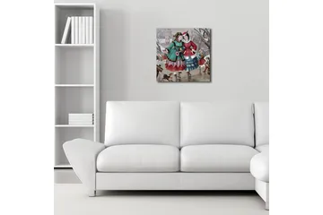 Lerretsbilde med LED-belysning 40x40 cm - Glade kvinner i vinterklær som går i et snødekt miljø - Grønn / Rød / Blå - Interiør - Maleri & posters - Lerretsbilder