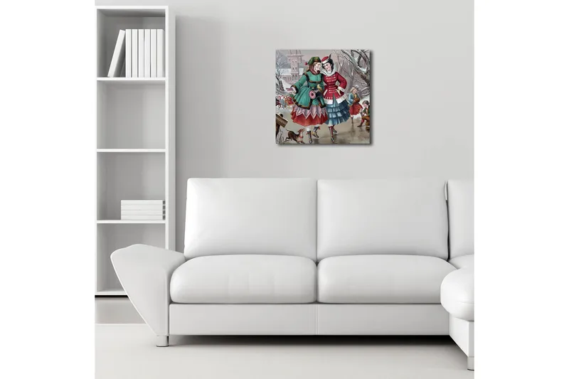 Lerretsbilde med LED-belysning 40x40 cm - Glade kvinner i vinterklær som går i et snødekt miljø - Grønn / Rød / Blå - Interiør - Maleri & posters - Lerretsbilder