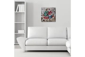 Lerretsbilde med LED-belysning 40x40 cm - Glade kvinner i vinterklær som går i et snødekt miljø - Grønn / Rød / Blå - Interiør - Maleri & posters - Lerretsbilder