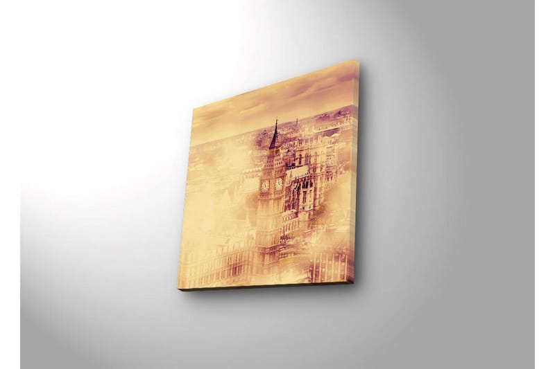 Lerretsbilde med LED-belysning 40x40 cm - Historisk bybilde med klokketårn og bygninger - Gull / Beige / Brun - Interiør - Maleri & posters - Lerretsbilder