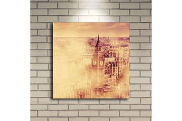 Lerretsbilde med LED-belysning 40x40 cm - Historisk bybilde med klokketårn og bygninger - Gull / Beige / Brun - Interiør - Maleri & posters - Lerretsbilder