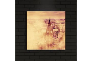 Lerretsbilde med LED-belysning 40x40 cm - Historisk bybilde med klokketårn og bygninger - Gull / Beige / Brun - Interiør - Maleri & posters - Lerretsbilder