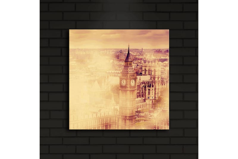 Lerretsbilde med LED-belysning 40x40 cm - Historisk bybilde med klokketårn og bygninger - Gull / Beige / Brun - Interiør - Maleri & posters - Lerretsbilder