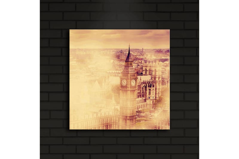 Lerretsbilde med LED-belysning 40x40 cm - Historisk bybilde med klokketårn og bygninger - Gull / Beige / Brun - Interiør - Maleri & posters - Lerretsbilder