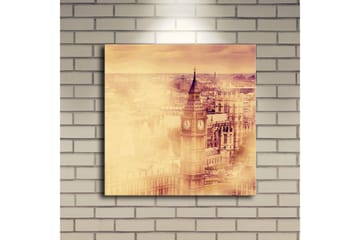 Lerretsbilde med LED-belysning 40x40 cm - Historisk bybilde med klokketårn og bygninger - Gull / Beige / Brun - Interiør - Maleri & posters - Lerretsbilder