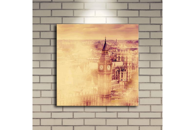 Lerretsbilde med LED-belysning 40x40 cm - Historisk bybilde med klokketårn og bygninger - Gull / Beige / Brun - Interiør - Maleri & posters - Lerretsbilder