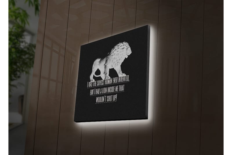 Lerretsbilde med LED-belysning 40x40 cm - Hvit løvefigur mot svart bakgrunn med inspirerende tekst - Hvit / Svart - Interiør - Maleri & posters - Lerretsbilder