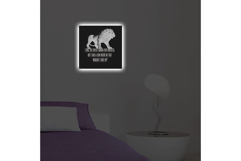 Lerretsbilde med LED-belysning 40x40 cm - Hvit løvefigur mot svart bakgrunn med inspirerende tekst - Hvit / Svart - Interiør - Maleri & posters - Lerretsbilder