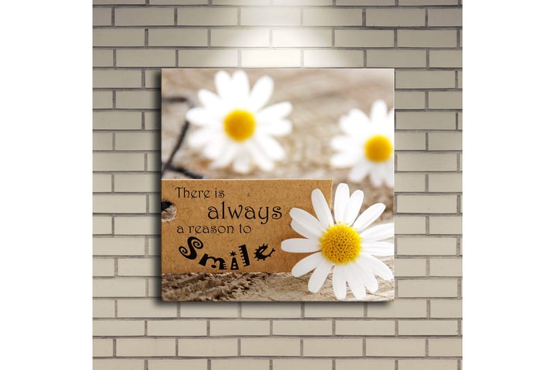 Lerretsbilde med LED-belysning 40x40 cm - Hvite klipp på en treflate med et budskap om å alltid smile - Hvit / Gul / Brun - Interiør - Maleri & posters - Lerretsbilder
