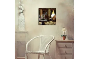 Lerretsbilde med LED-belysning 40x40 cm - Innbydende interiør med antikke møbler og blomster under glassmontre - Gull / Brun / Grønn - Interiør - Maleri & posters - Lerretsbilder