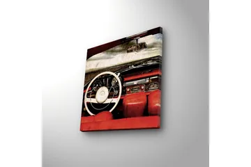 Lerretsbilde med LED-belysning 40x40 cm - Interiør i en klassisk bil med fokus på rattet og setene - Rød / Hvit / Svart - Interiør - Maleri & posters - Lerretsbilder
