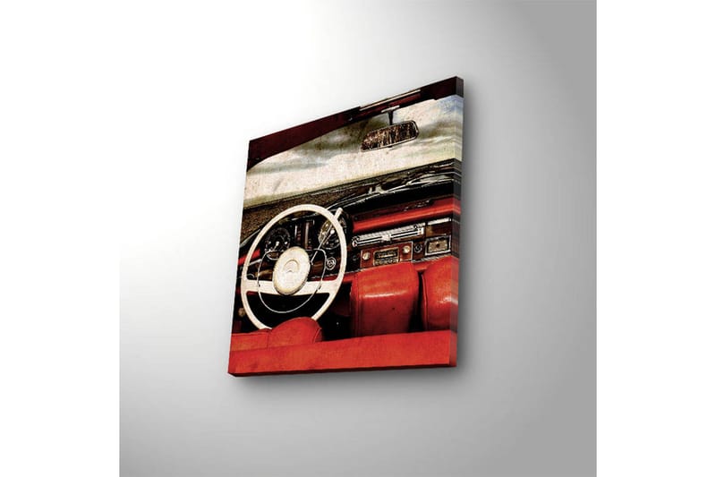 Lerretsbilde med LED-belysning 40x40 cm - Interiør i en klassisk bil med fokus på rattet og setene - Rød / Hvit / Svart - Interiør - Maleri & posters - Lerretsbilder