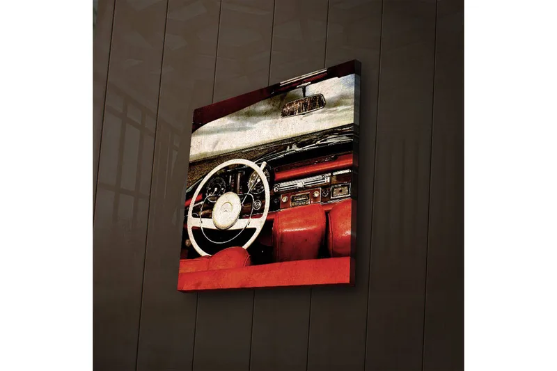 Lerretsbilde med LED-belysning 40x40 cm - Interiør i en klassisk bil med fokus på rattet og setene - Rød / Hvit / Svart - Interiør - Maleri & posters - Lerretsbilder