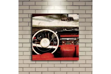 Lerretsbilde med LED-belysning 40x40 cm - Interiør i en klassisk bil med fokus på rattet og setene - Rød / Hvit / Svart - Interiør - Maleri & posters - Lerretsbilder
