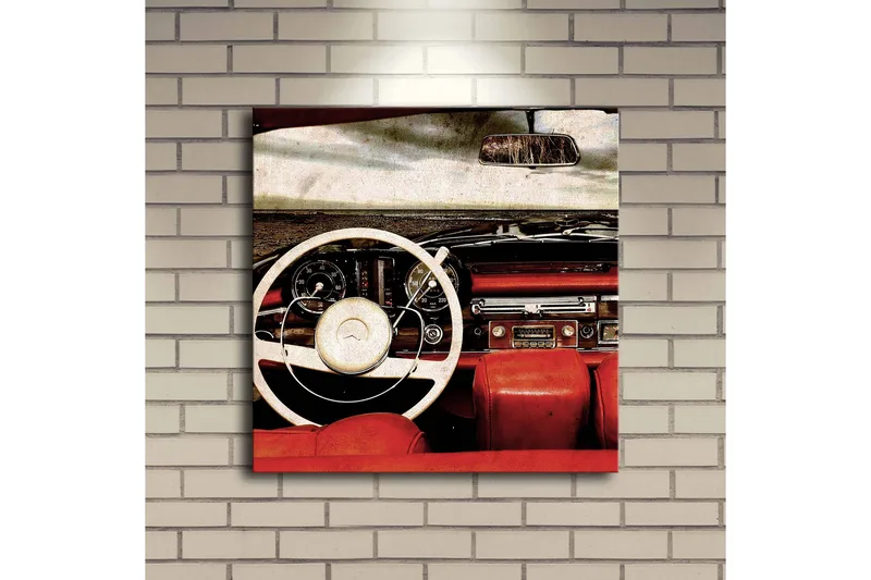 Lerretsbilde med LED-belysning 40x40 cm - Interiør i en klassisk bil med fokus på rattet og setene - Rød / Hvit / Svart - Interiør - Maleri & posters - Lerretsbilder