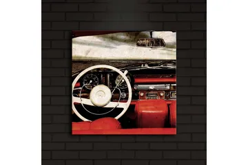 Lerretsbilde med LED-belysning 40x40 cm - Interiør i en klassisk bil med fokus på rattet og setene - Rød / Hvit / Svart - Interiør - Maleri & posters - Lerretsbilder