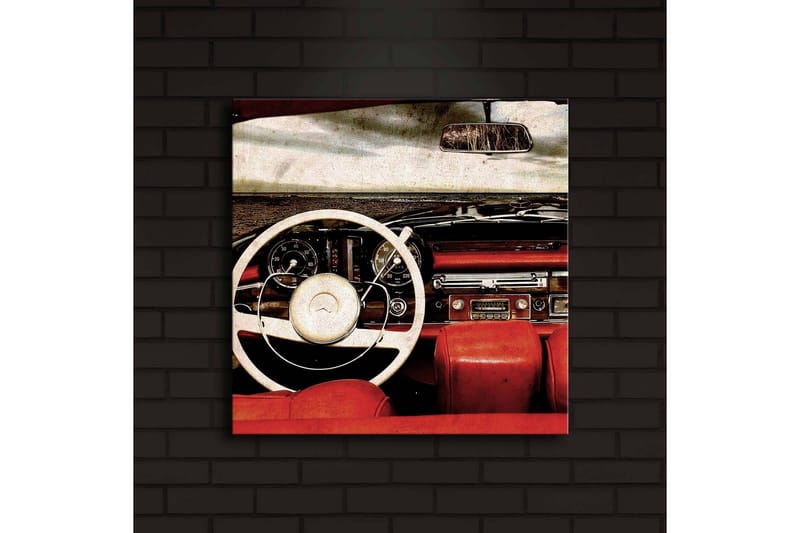Lerretsbilde med LED-belysning 40x40 cm - Interiør i en klassisk bil med fokus på rattet og setene - Rød / Hvit / Svart - Interiør - Maleri & posters - Lerretsbilder