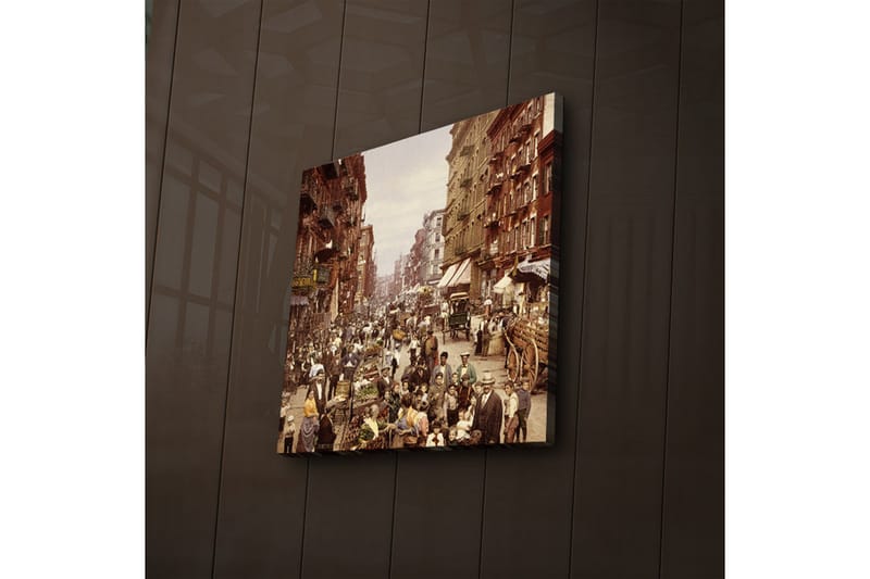 Lerretsbilde med LED-belysning 40x40 cm - Livlig gate med folk og markedsboder - Brun / Beige / Grønn - Interiør - Maleri & posters - Lerretsbilder