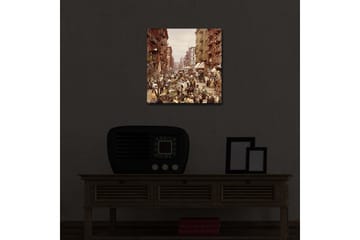 Lerretsbilde med LED-belysning 40x40 cm - Livlig gate med folk og markedsboder - Brun / Beige / Grønn - Interiør - Maleri & posters - Lerretsbilder