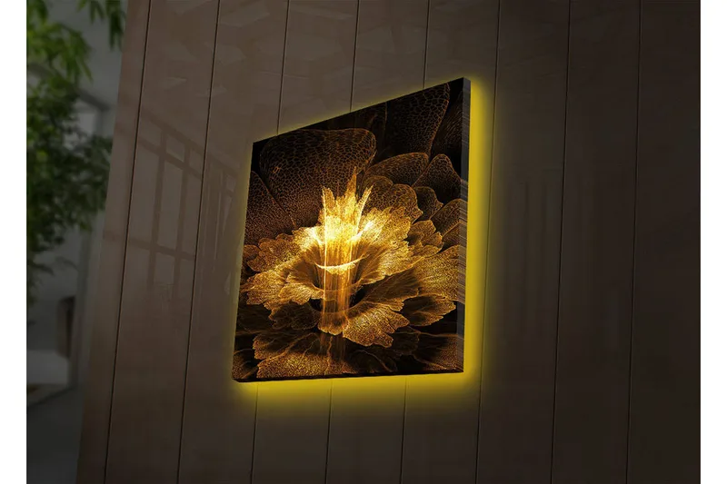 Lerretsbilde med LED-belysning 40x40 cm - Lysende blomst i abstrakt stil - Gull / Svart / Brun - Interiør - Maleri & posters - Lerretsbilder
