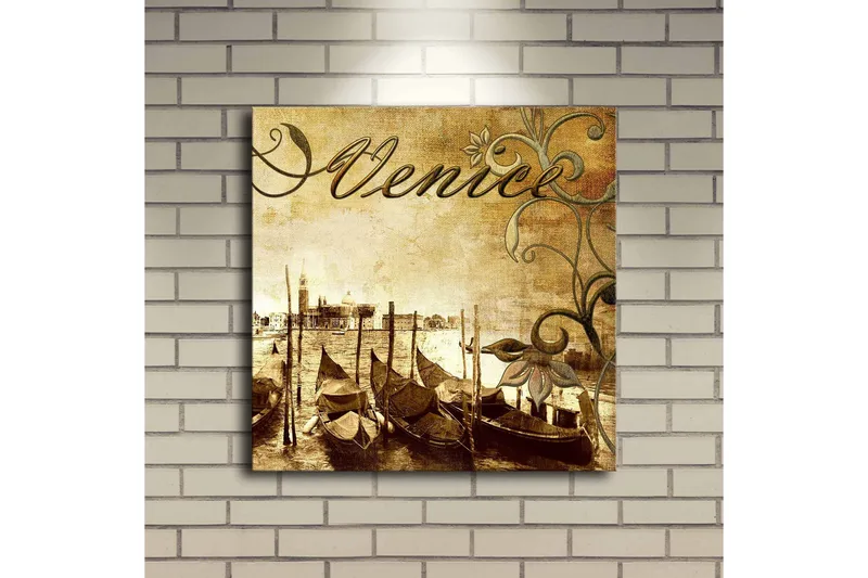 Lerretsbilde med LED-belysning 40x40 cm - Nostalgisk utsikt over venetianske gondoler på en kanal - Brun / Beige / Grønn - Interiør - Maleri & posters - Lerretsbilder