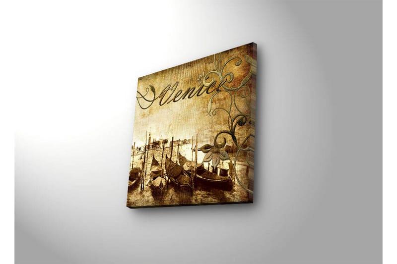 Lerretsbilde med LED-belysning 40x40 cm - Nostalgisk utsikt over venetianske gondoler på en kanal - Brun / Beige / Grønn - Interiør - Maleri & posters - Lerretsbilder