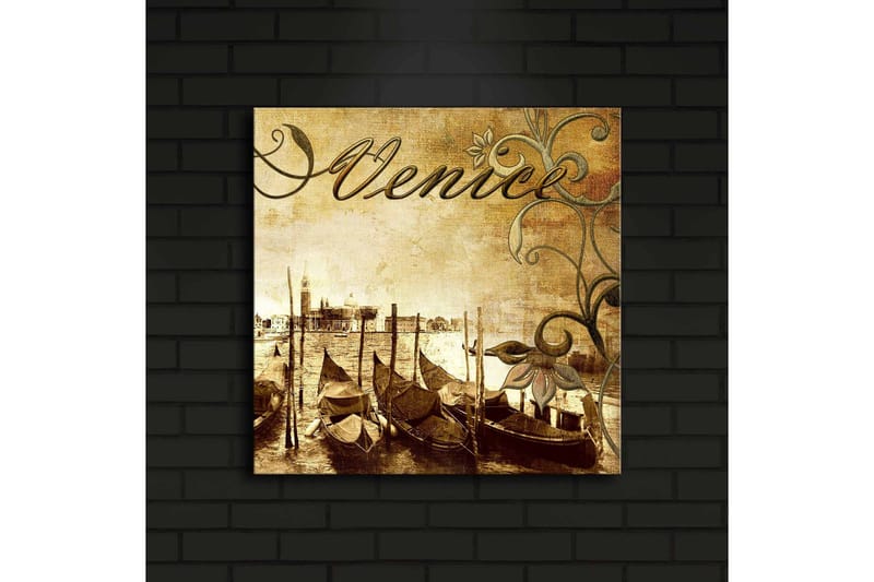 Lerretsbilde med LED-belysning 40x40 cm - Nostalgisk utsikt over venetianske gondoler på en kanal - Brun / Beige / Grønn - Interiør - Maleri & posters - Lerretsbilder