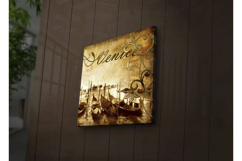 Lerretsbilde med LED-belysning 40x40 cm - Nostalgisk utsikt over venetianske gondoler på en kanal - Brun / Beige / Grønn - Interiør - Maleri & posters - Lerretsbilder