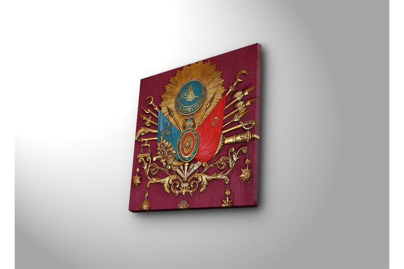 Lerretsbilde med LED-belysning 40x40 cm - Ornamentert skjold med symboler og våpen i historisk stil - Rød / Gull / Blå - Interiør - Maleri & posters - Lerretsbilder