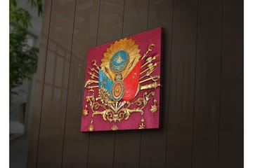 Lerretsbilde med LED-belysning 40x40 cm - Ornamentert skjold med symboler og våpen i historisk stil - Rød / Gull / Blå - Interiør - Maleri & posters - Lerretsbilder