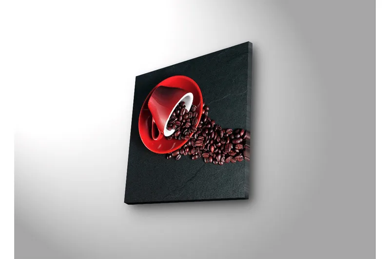 Lerretsbilde med LED-belysning 40x40 cm - Rød kaffekopp med kaffebønner som sprer seg over en mørk overflate - Rød / Svart / Brun - Interiør - Maleri & posters - Lerretsbilder