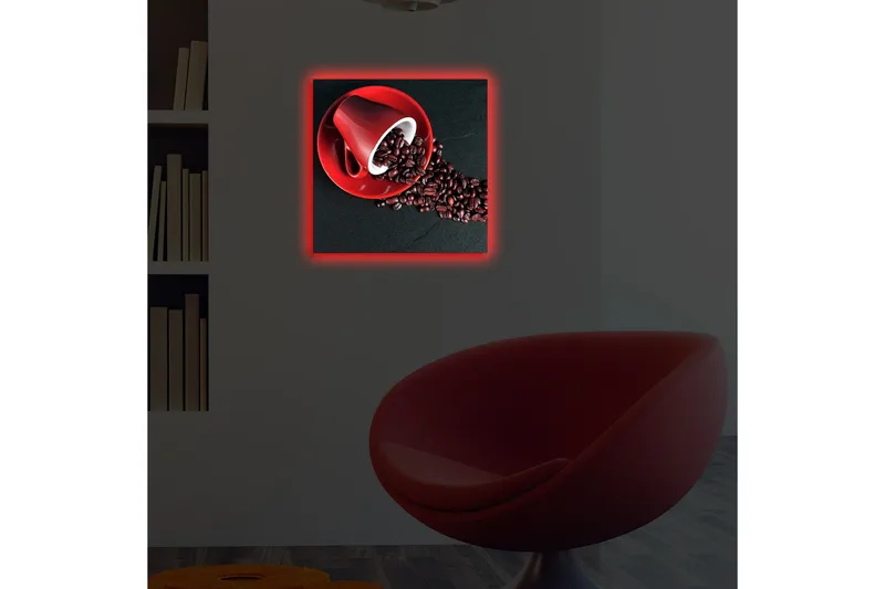 Lerretsbilde med LED-belysning 40x40 cm - Rød kaffekopp med kaffebønner som sprer seg over en mørk overflate - Rød / Svart / Brun - Interiør - Maleri & posters - Lerretsbilder