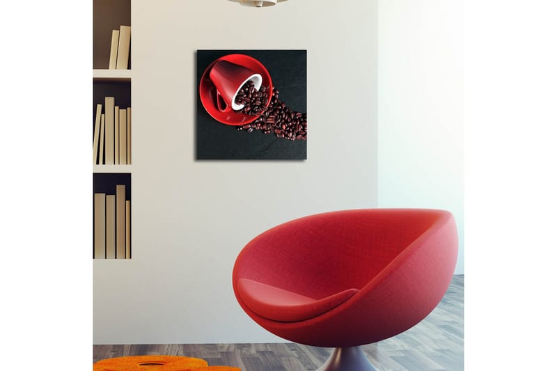Lerretsbilde med LED-belysning 40x40 cm - Rød kaffekopp med kaffebønner som sprer seg over en mørk overflate - Rød / Svart / Brun - Interiør - Maleri & posters - Lerretsbilder